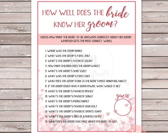 How well does the bride know the groom? - Instant Download - Printable Game - Hearts Theme - Bridal Shower / Bachelorette Party