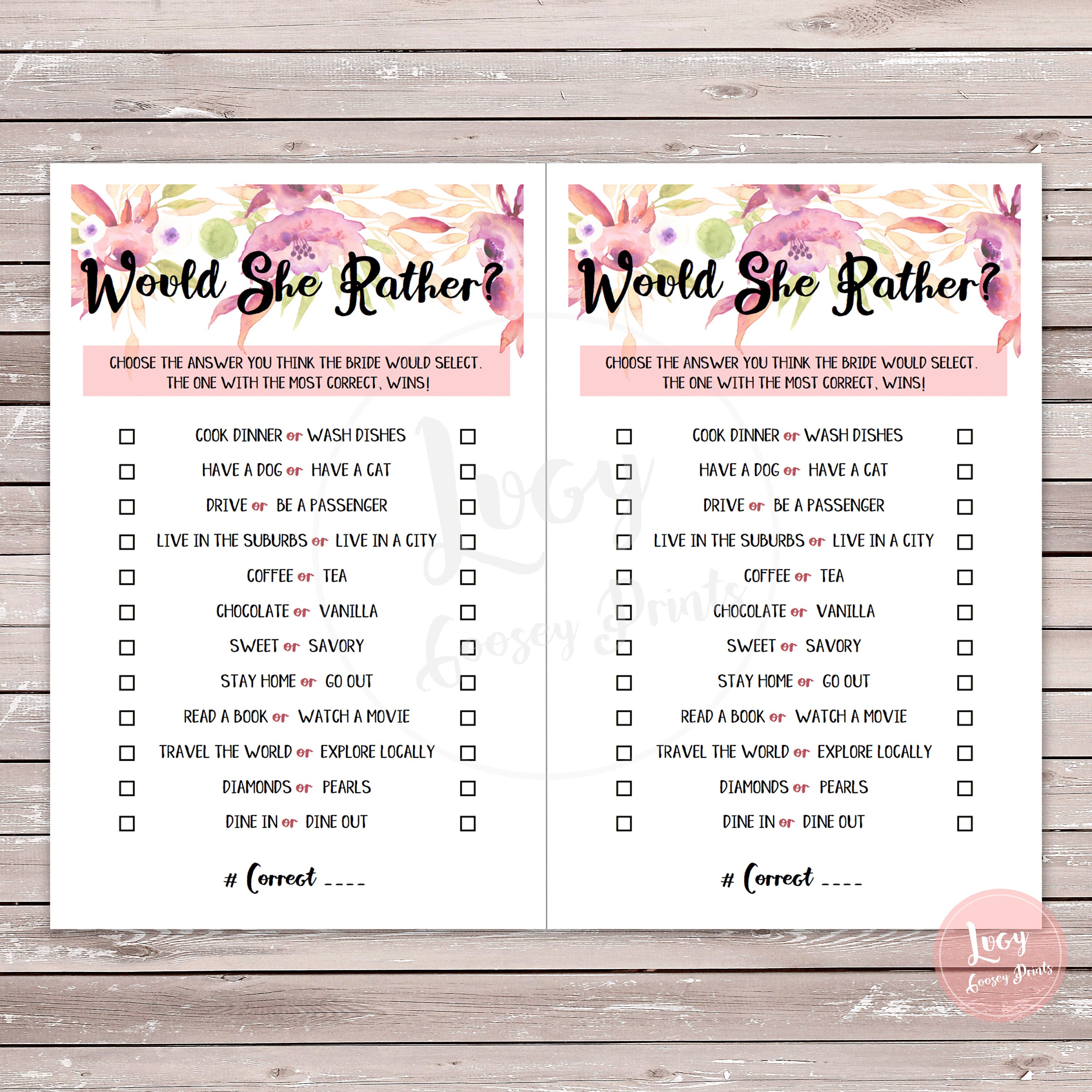 Would She Rather Instant Download Printable Game Bachelorette Party ...