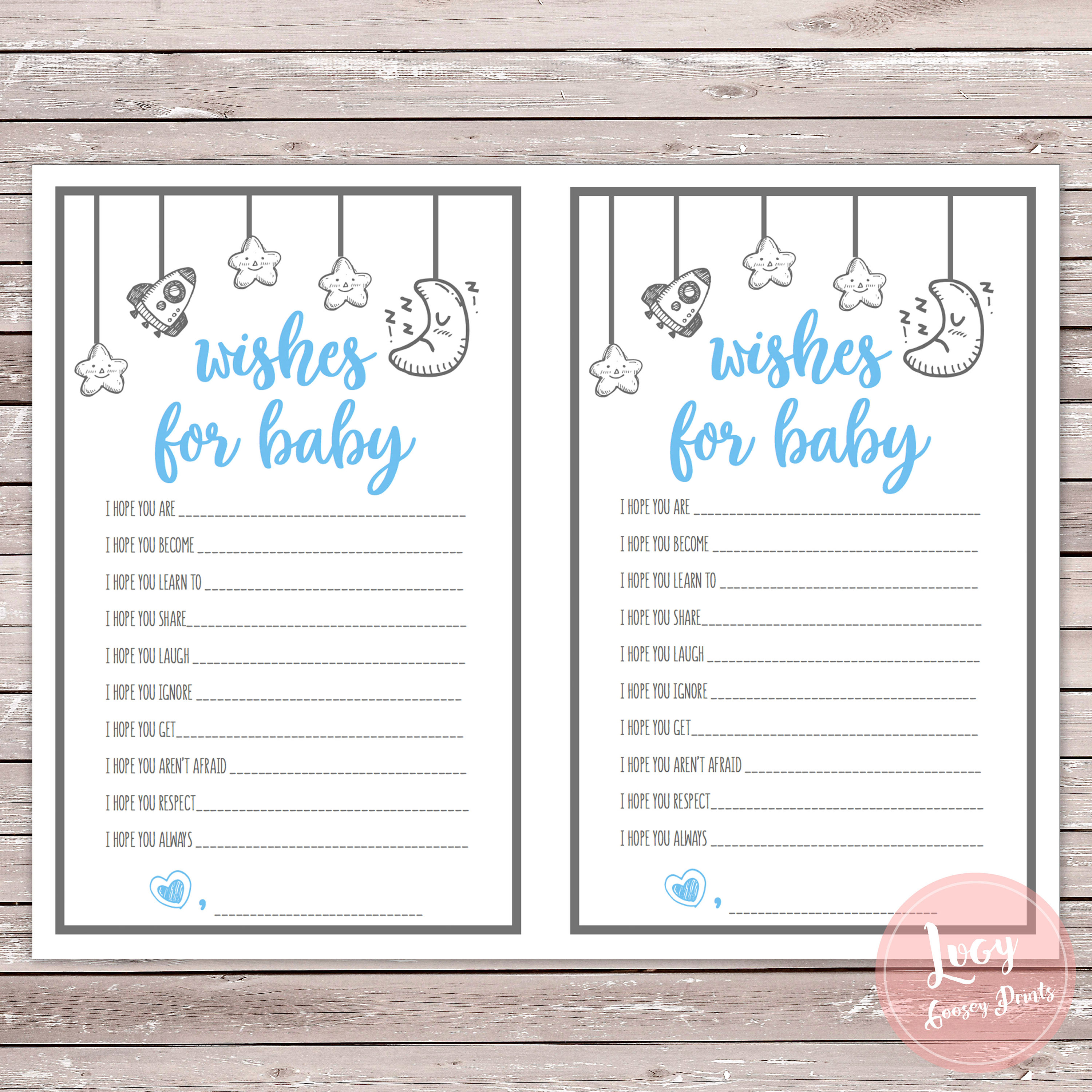 Baby Shower Space Themed Wishes for Baby Printable Cards pink & Blue - Etsy
