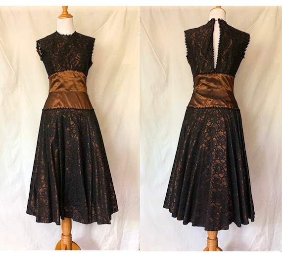1950s Formal Lace Dress Copper and Black - image 1
