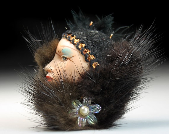 Face and Fur Brooch, Statement Brooch, Hand Painted, Female Head, Collectible, Flapper Woman