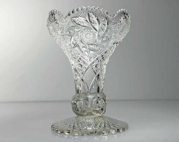 EAPG Footed Table Vase, Imperial Glass, Hobstar, 7 Inch Vase, Pressed Glass, Antique