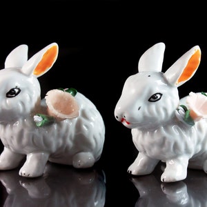 Rabbit Figurines, Bunny Figurines, Set of Two, Hand Painted, Raised Flower, White, Figurine ...