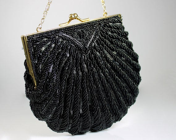Black Beaded Evening Handbag, La Regale, Clutch Purse, Cross Body Bag, Frame Bag, Gold Tone
