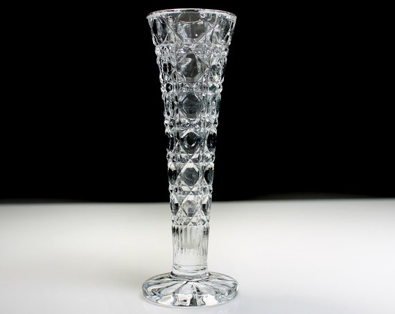 Footed Bud Vase, Indiana Glass, Royal Brighton, Button and Cane, 6 Inch Vase, Pressed Glass