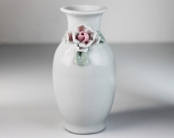 Miniature Raised Rose Vase, White and Pink, Hand Painted, 4 Inch