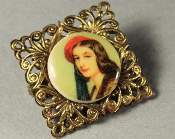 Hand Painted Portrait Brooch, Porcelain Brooch, Brass Filigree, Western Germany, Locking C Clasp, Fashion Pin