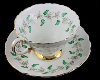 Teacup and Saucer, Crown Staffordshire, England, Bone China, Gray Vines, Green Grapes, 22 Kt. Gold Trim