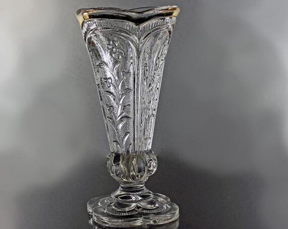 Footed Paneled Bud Vase, Gold Rim, Flower and Cat tail Pattern, Scalloped Top and Foot, 6 Inch Vase, Pressed Glass