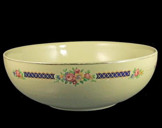 Salad Serving Bowl, Halls Kitchenware, Blue Bouquet Platinum, Made in the USA, Light Yellow