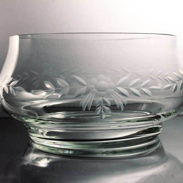 Etched Crystal Bowl, Footed Bowl, Floral Design, Clear Glass, Salad Bowl, Centerpiece