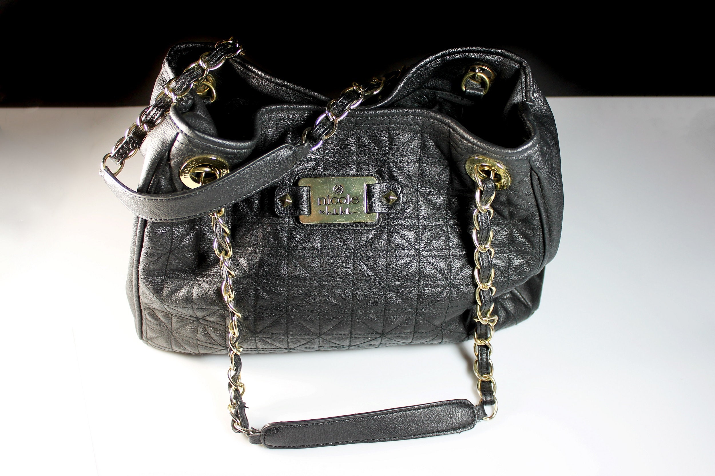 Black Leather Tote Bag, Nicole Miller, Quilted Shoulder Handbag ...