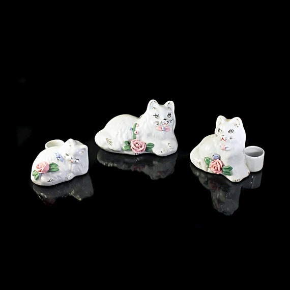 Cat Figurine, Mini Candle Holders, Raised Pink Rose, White, Set of 3, Collectible, Handpainted, Made in China