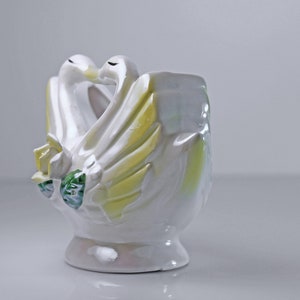 Kissing Swan Planter, Yellow Lusterware, Raised Rose, Double Swans, Figurine, Porcelain, Collectible image 5