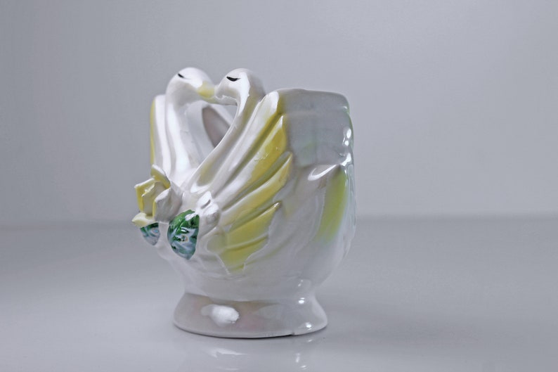 Kissing Swan Planter, Yellow Lusterware, Raised Rose, Double Swans, Figurine, Porcelain, Collectible image 5