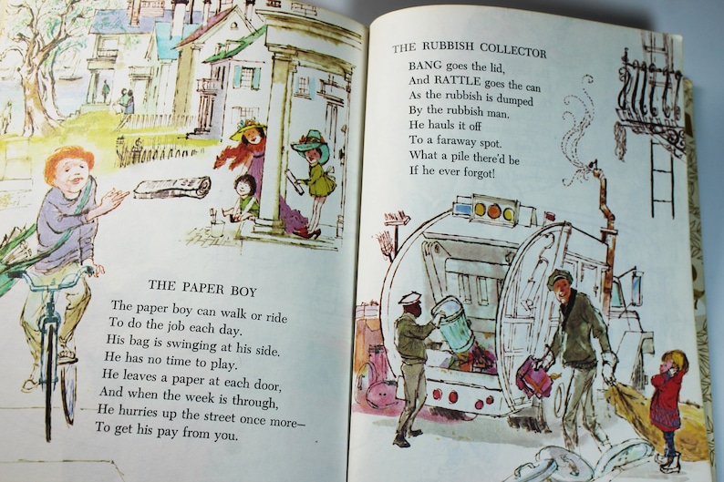 K&ouml;nnte beinhalten: Ein offenes Buch mit Illustrationen eines Zeitungsjungen, der Zeitungen ausliefert, und eines M&uuml;llwagens, der M&uuml;ll sammelt. Das Buch enth&auml;lt gereimte Texte &uuml;ber die Berufe eines Zeitungsjungen und eines M&uuml;llmanns.