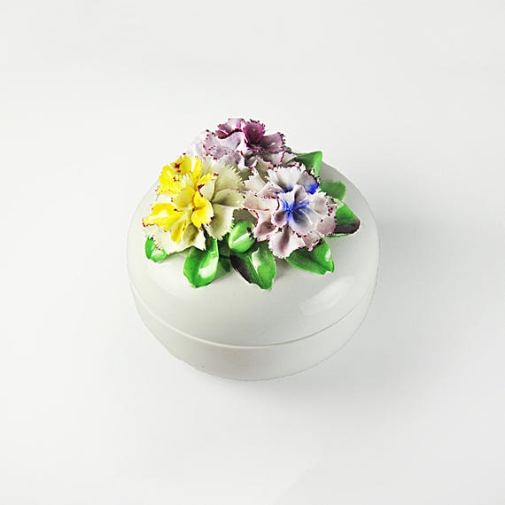 Rosina Bone China Vanity Box with Raised Floral Decorations - Hand-Painted Porcelain Flowers - Trinket or Powder Box