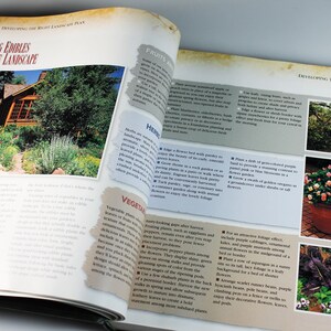 May include: A book page with the title "Using Edibles in the Landscape" and images of different edible plants, including herbs, fruits, and vegetables. The text describes how to incorporate edible plants into a landscape design.