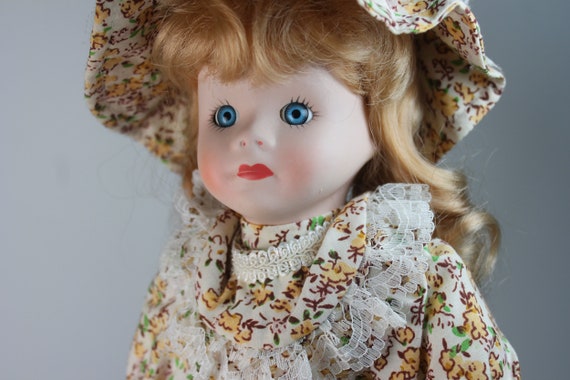 Collectible Porcelain Doll, Prairie Floral Dress, Blonde Doll