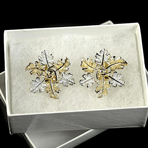 Vintage Sarah Coventry Leaf Clip Earrings, Two Tone Gold & Silver, Signed, Mid Century
