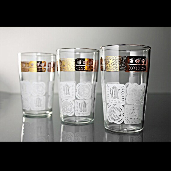 Juice Glasses, Anchor Hocking, Coffee Theme, 6 Ounce, Gold and White, Set of 3, Collectible