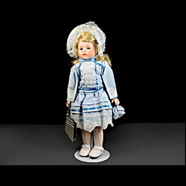 Porcelain Display Doll, Montgomery Ward, 16-inch Doll, Stand Included, Original Tag