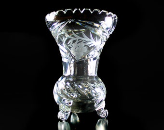 Crystal Footed Vase, Three Toed Vase, Cut Glass, Etched Grapes, 7 Inch