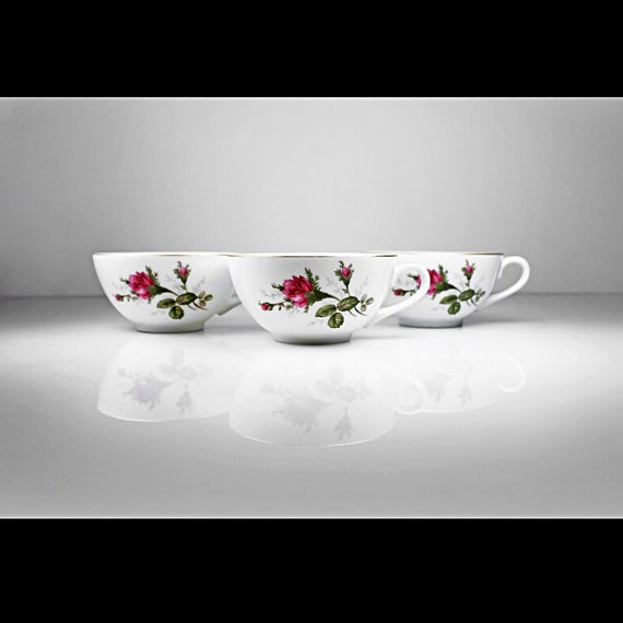 Teacups, Sango Japan, Moss Rose, Red Floral, Set of 3, Dinnerware, Fine China
