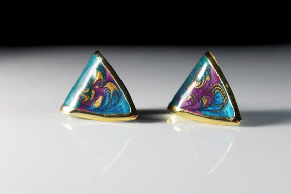 Swirl Glitter Enamel Earrings, Pierced, Curved Tr… - image 8