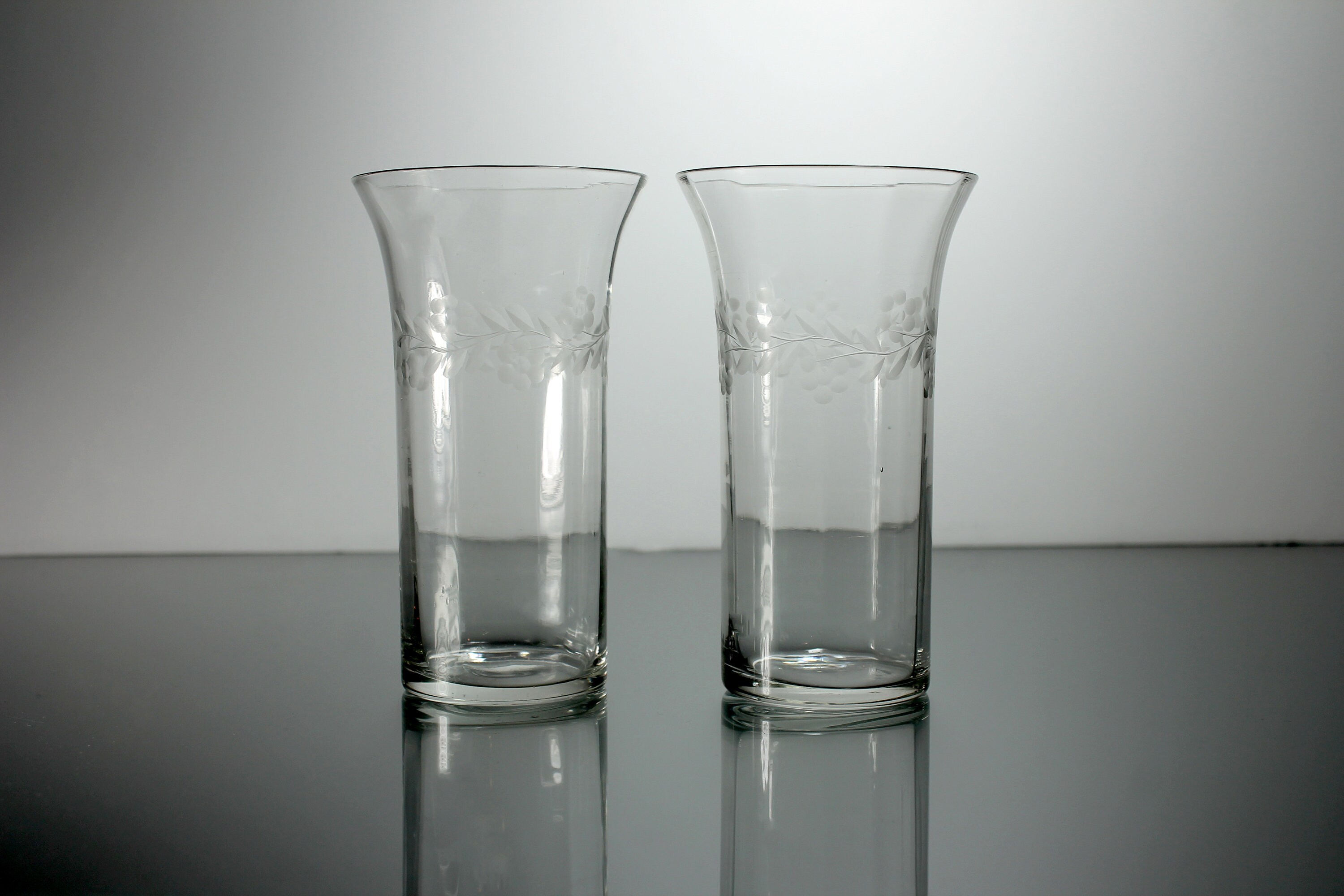 Etched Glass Tumblers, Paneled Optic, Drinking Glasses, Floral Pattern