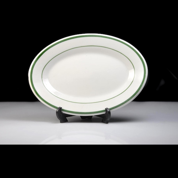 Vintage Mayer China Green Stripe Relish Tray, Small Oval Restaurant Grade Serving Dish