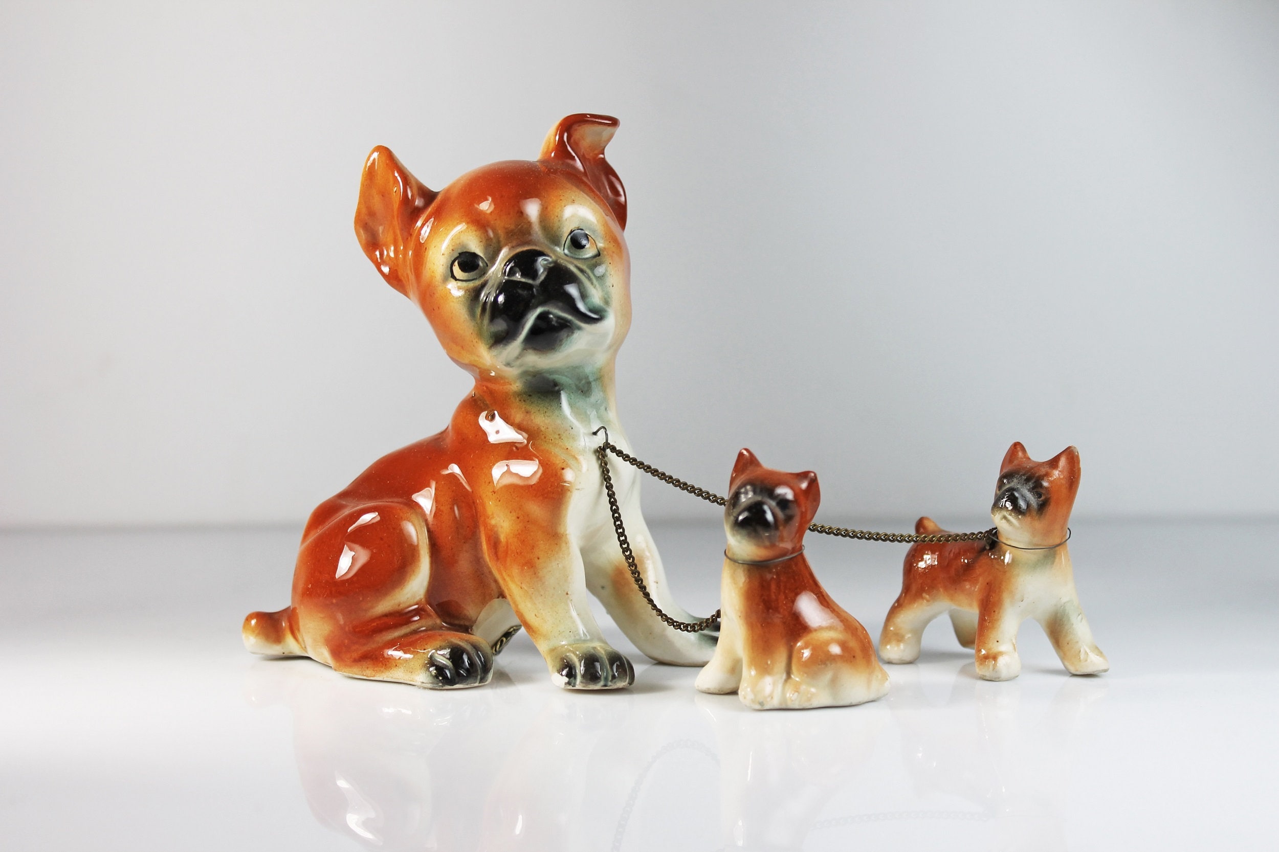 Dog and Puppies Figurine, Sonsco Japan, Dogs On Chains, Boxer Family
