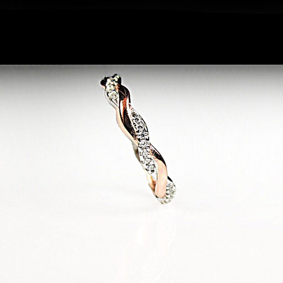 Sterling Silver Rose Gold Ring, Cubic Zirconia Stones, Braided Wire, Double Strand, Size 9, Jewelry Lovers Gift