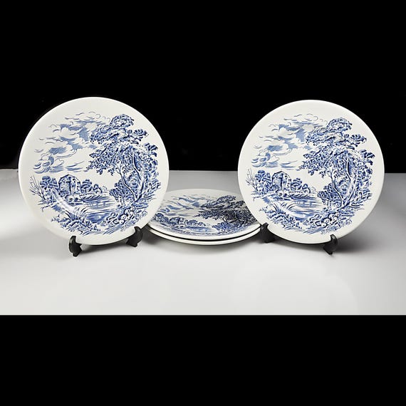 Enoch Wedgwood Countryside Blue and White Bread Plates – English Transferware, Set of 4, Made in England