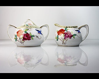 Antique Sugar Bowl and Creamer, Meito Nippon, Hand Painted Floral and Blue Bird, Gold Trimmed