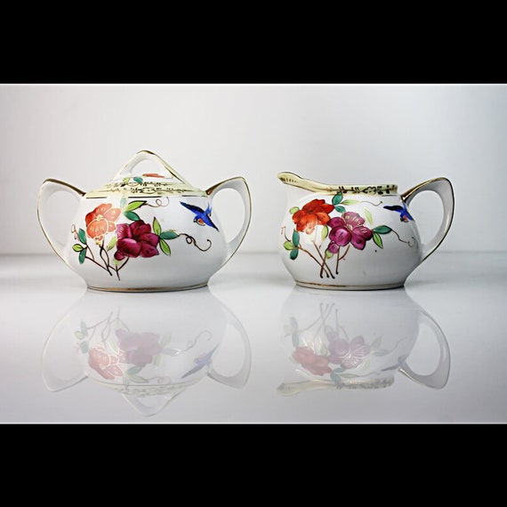 Antique Sugar Bowl and Creamer, Meito Nippon, Hand Painted Floral and Blue Bird, Gold Trimmed