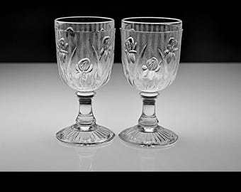 Jeannette Glass Iris Cordial Stems – Clear Depression Glass Wine Goblets, 1928–1932, Set of 2