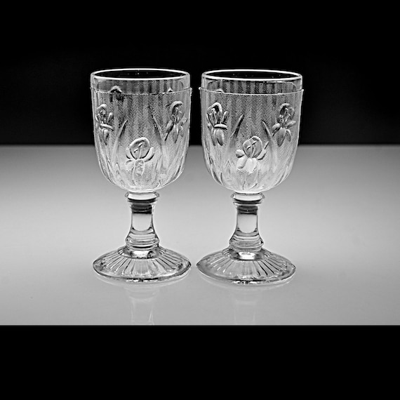 Jeannette Glass Iris Cordial Stems – Clear Depression Glass Wine Goblets, 1928–1932, Set of 2