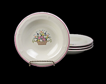 Soup Bowls, Sango China, Chesapeake White, Floral Basket, Set of 4, Stoneware