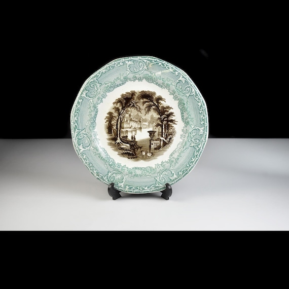 Antique Podmore Walker Venus Pearl Stone Ware Plate, Green Brown Transferware, Victorian Staffordshire England