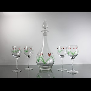 Tall Floral Decanter Set, Four Wine Glasses, Hand Painted, Original Stopper, 15 Inch, Clear Glass, Barware