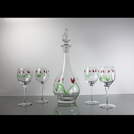 Tall Floral Decanter Set, Four Wine Glasses, Hand Painted, Original Stopper, 15 Inch, Clear Glass, Barware