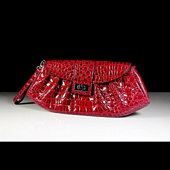 Red Wristlet Clutch, New York & Co., Faux Alligator, Zippered Side Compartment