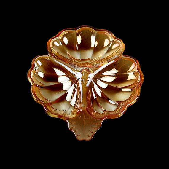 Divided Candy Dish, Jeannette, Carnival Glass, Doric, Iridescent Marigold, Three Section, Clover Shape
