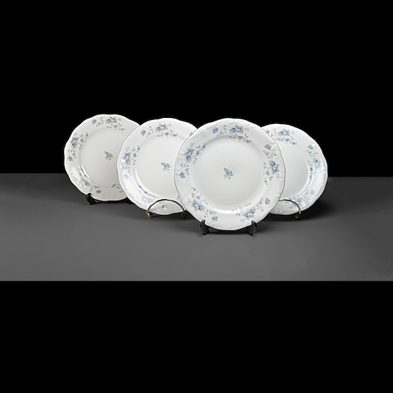 Bread and Butter Plates, Johann Haviland, Blue Garland, Bavarian Backstamp, Floral Pattern, Set of Four, Fine China, Discontinued