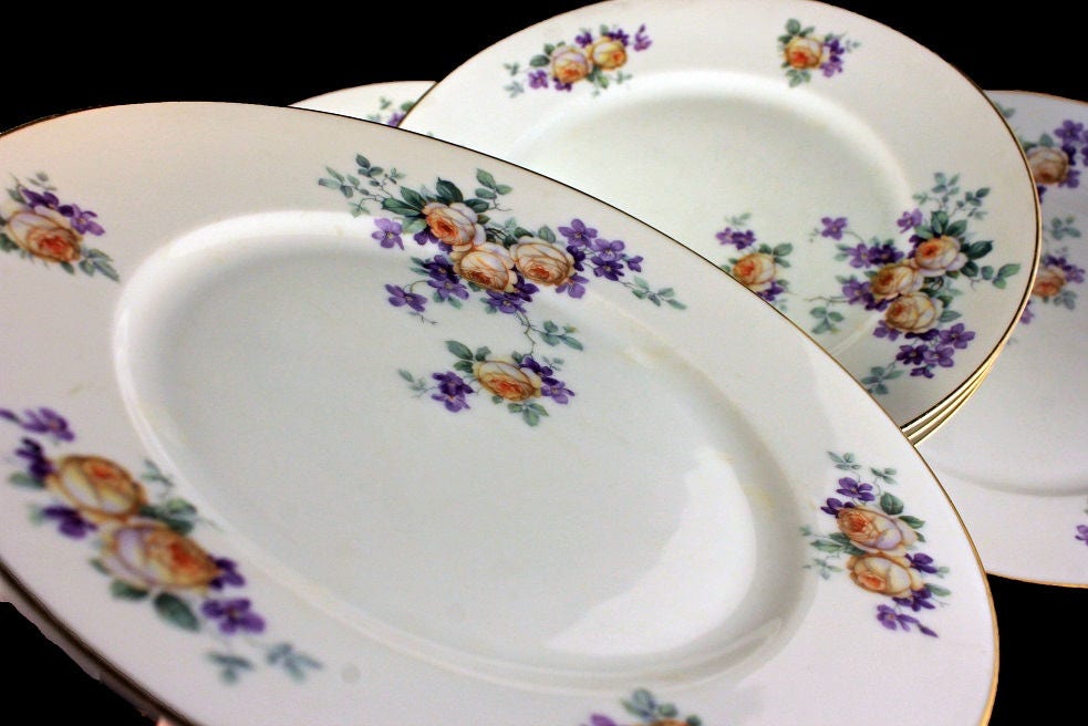 Antique Dinner Plates, Thomas Bavaria, Yellow Rose, Floral Pattern, Set