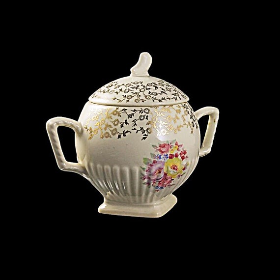 Covered Footed Sugar Bowl, Shell Krest, Royal USA, Rose Pattern, Cream with Gold Trim, Square Base