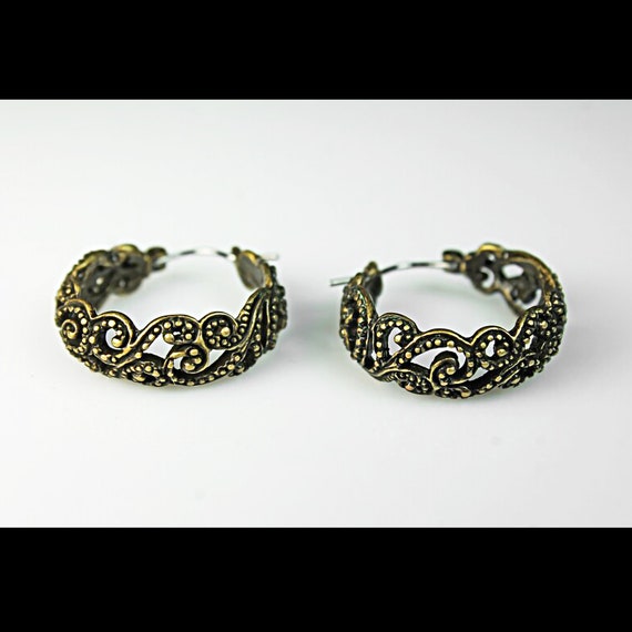 Filigree Hoop Earrings, Antique Gold Tone, Costume Jewelry, Unsigned, Fashion Jewelry, Woman's Gift