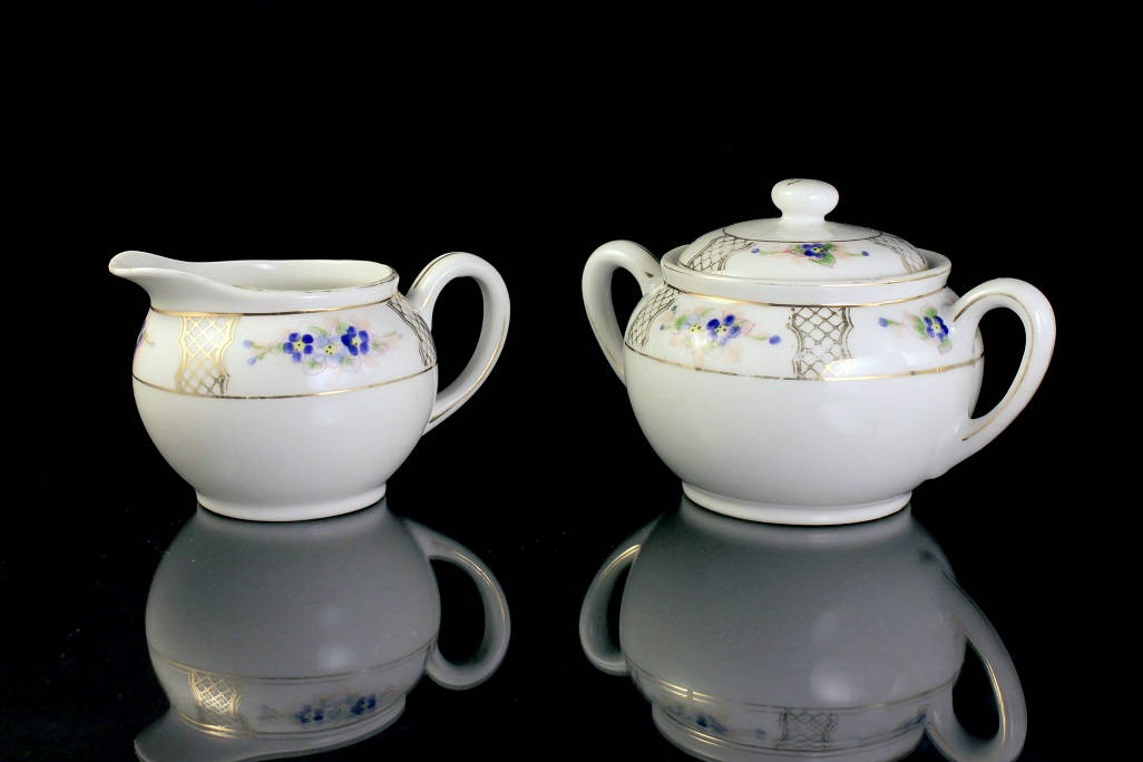 Antique Sugar Bowl and Creamer, Nippon, Sunrise Mark, Hand Painted, Blue  Floral, Gold Trimmed