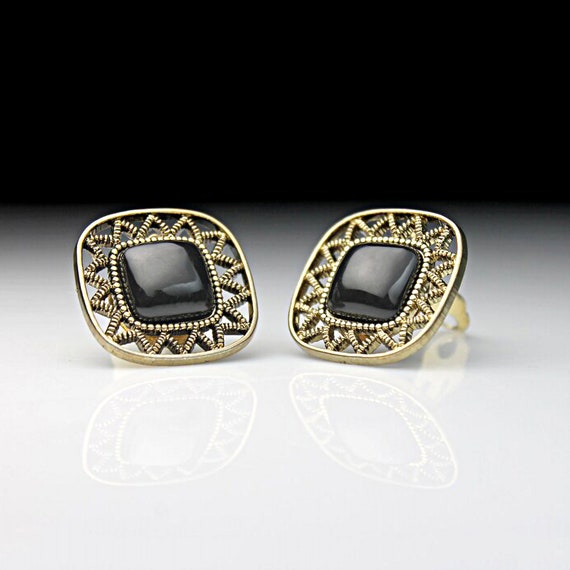 Square Clip-On Earrings, Onyx Bead, Gold Tone, Co… - image 1